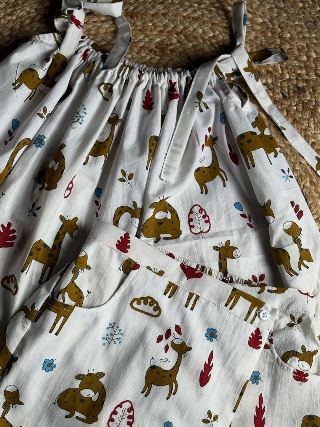 Myra Giraffe Print Tie-Shoulder Top & Diaper Shorts Set