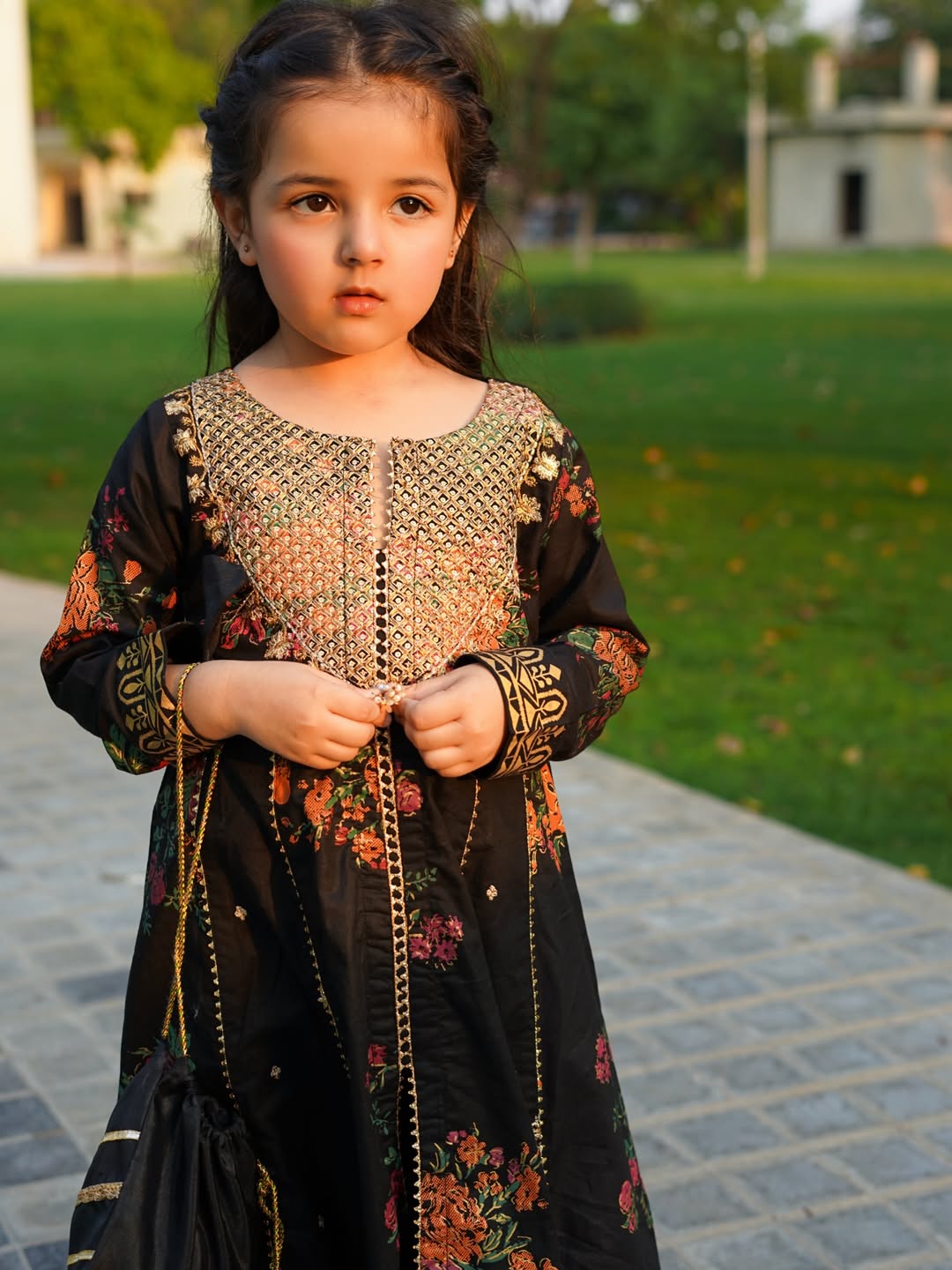 Midnight Floral Festive Anarkali Set for Little Diva