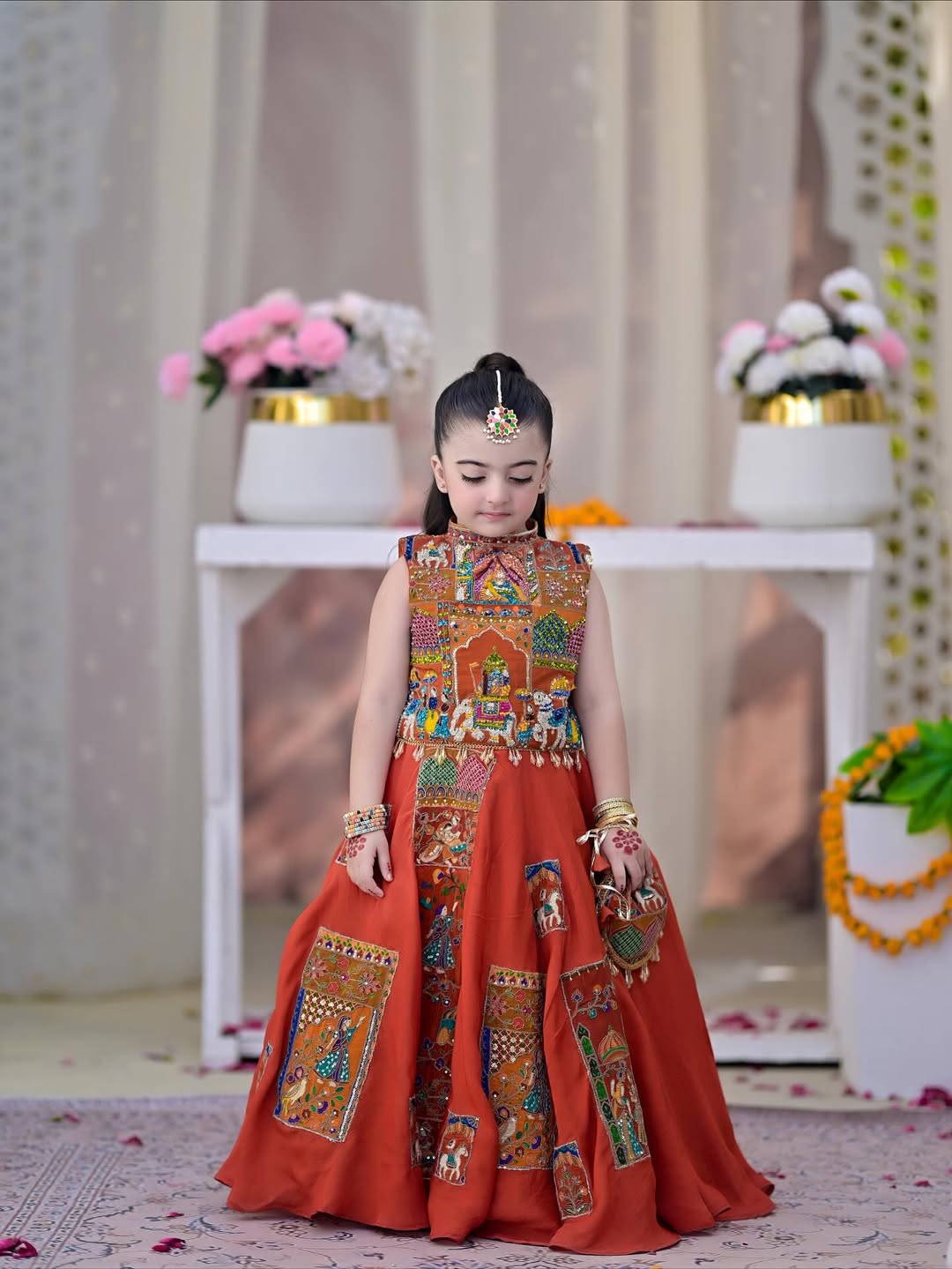 Royal Rust Orange Patchwork Lehenga Choli Set for Girls