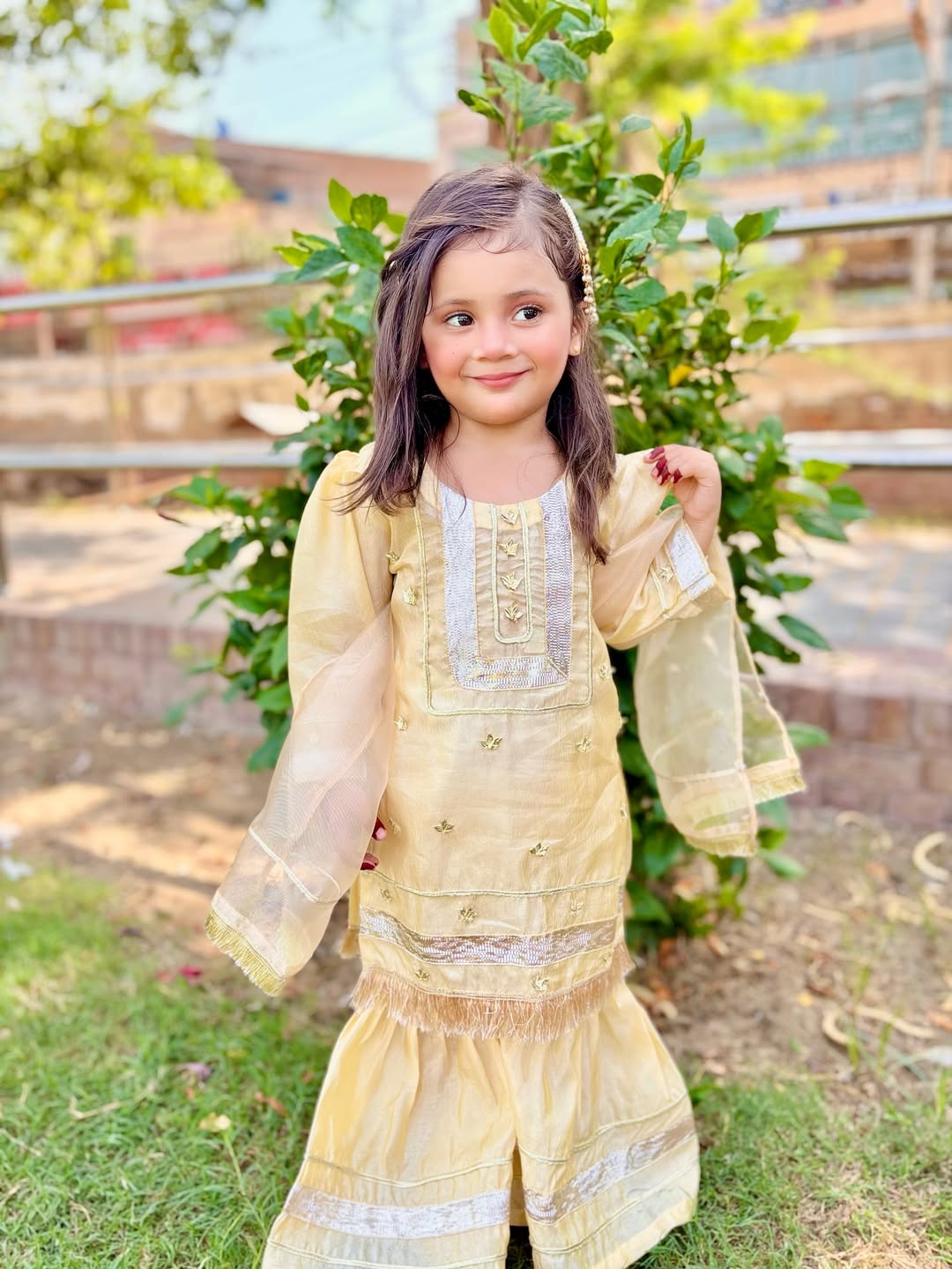 Little Noor Heritage Embroidered Kurti Sharara Set