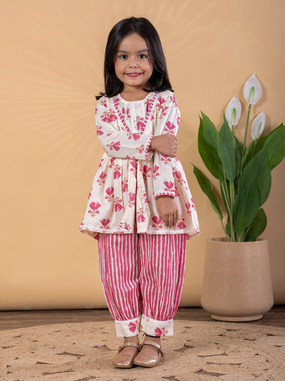 Blush Bloom – Floral Peplum Kurti & Patiala Set