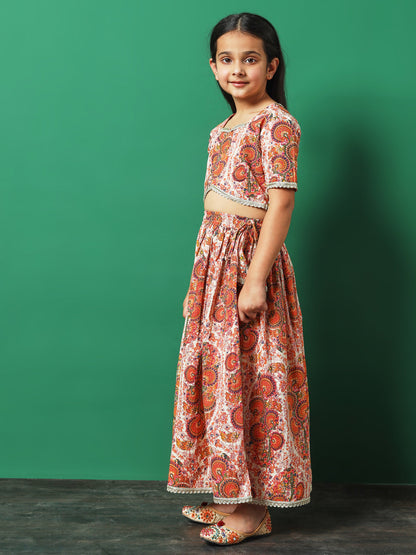 Rosy Glow Printed Cotton Lehenga Choli with Gota Lace