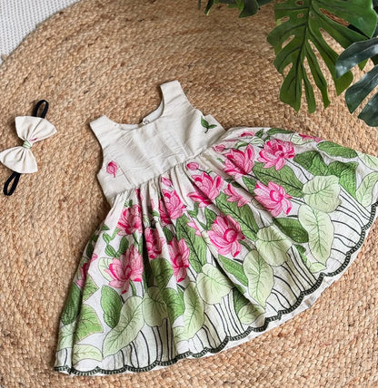 Designer Pure Cotton Kids Frock with Lotus Embroidery