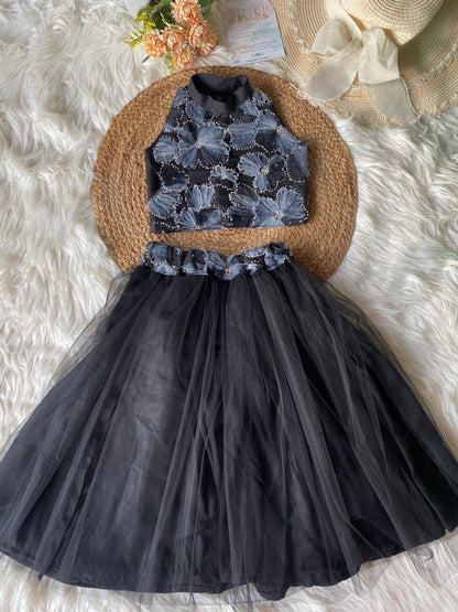 Black Hand Embroidery Net Lehenga