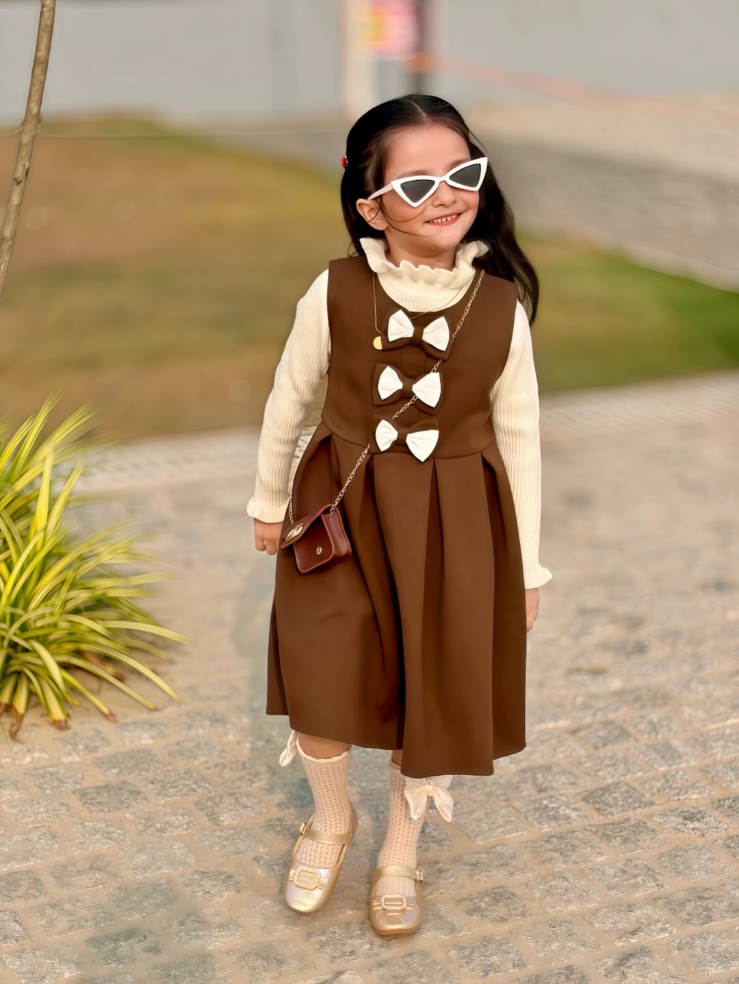 Cute Brown Pinafore Style Dress