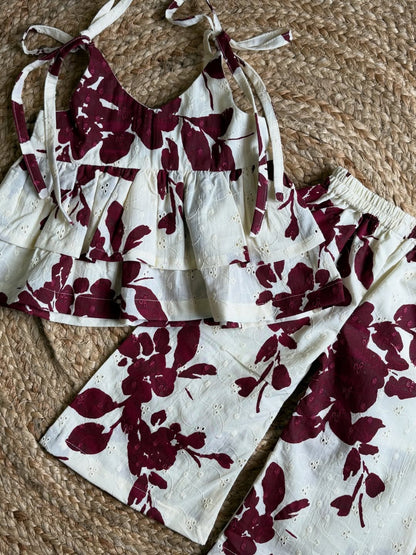 Shanaya Burgundy Ruffled Floral Top & Embroidered Palazzo Set