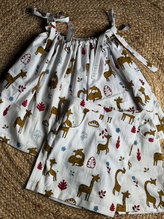Myra Giraffe Print Tie-Shoulder Top & Diaper Shorts Set