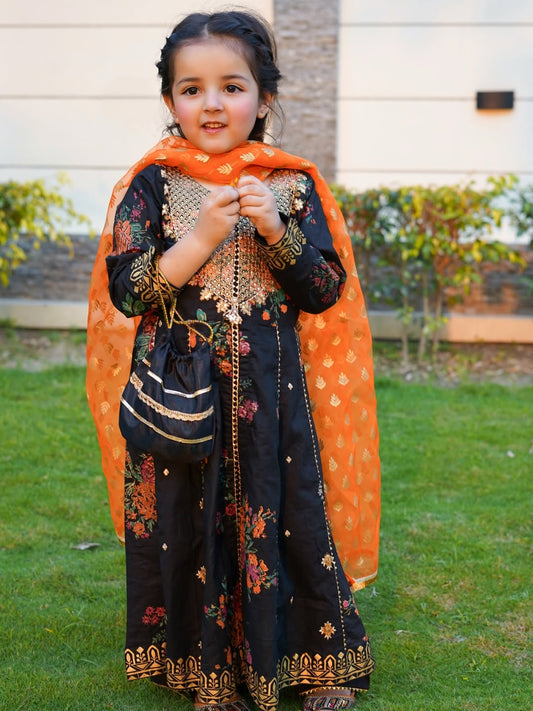 Midnight Floral Festive Anarkali Set for Little Diva
