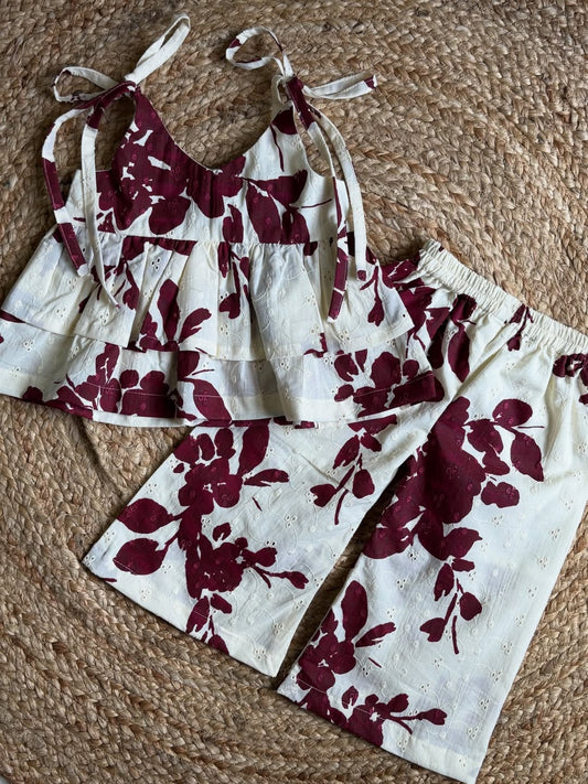 Shanaya Burgundy Ruffled Floral Top & Embroidered Palazzo Set