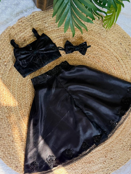 Riya Glam Black Sequined Bow Top & Skirt Set