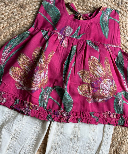 Kiara Magenta Peplum Floral Top & Lace Palazzo Set