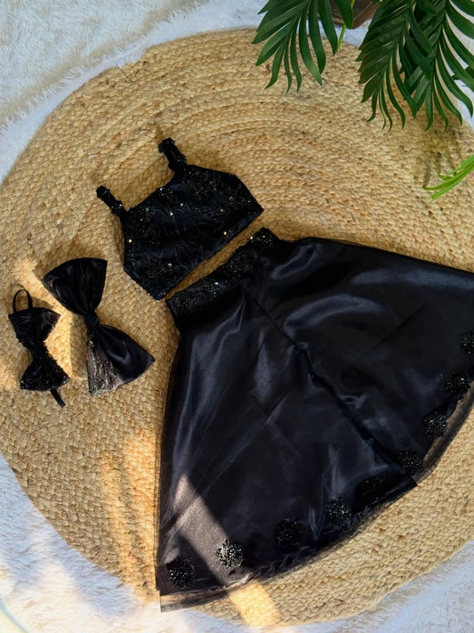 Riya Glam Black Sequined Bow Top & Skirt Set