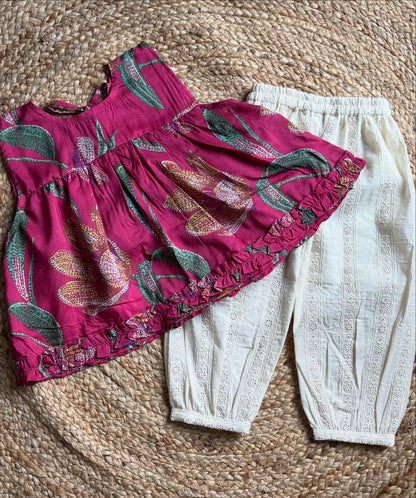 Kiara Magenta Peplum Floral Top & Lace Palazzo Set