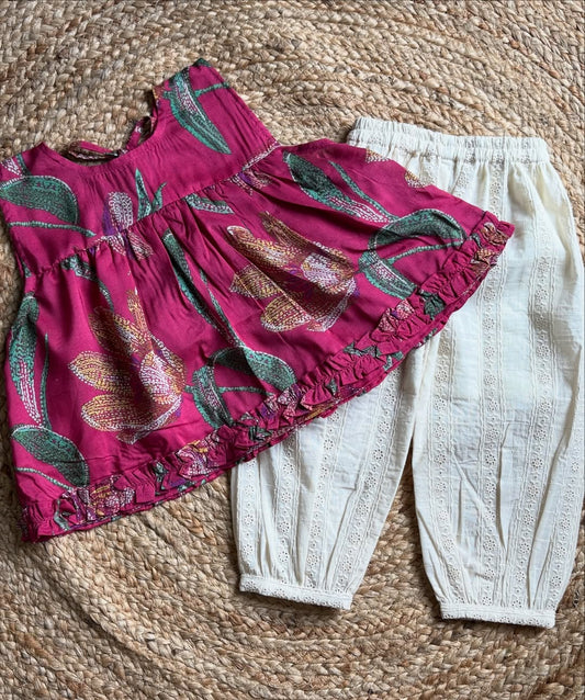 Kiara Magenta Peplum Floral Top & Lace Palazzo Set