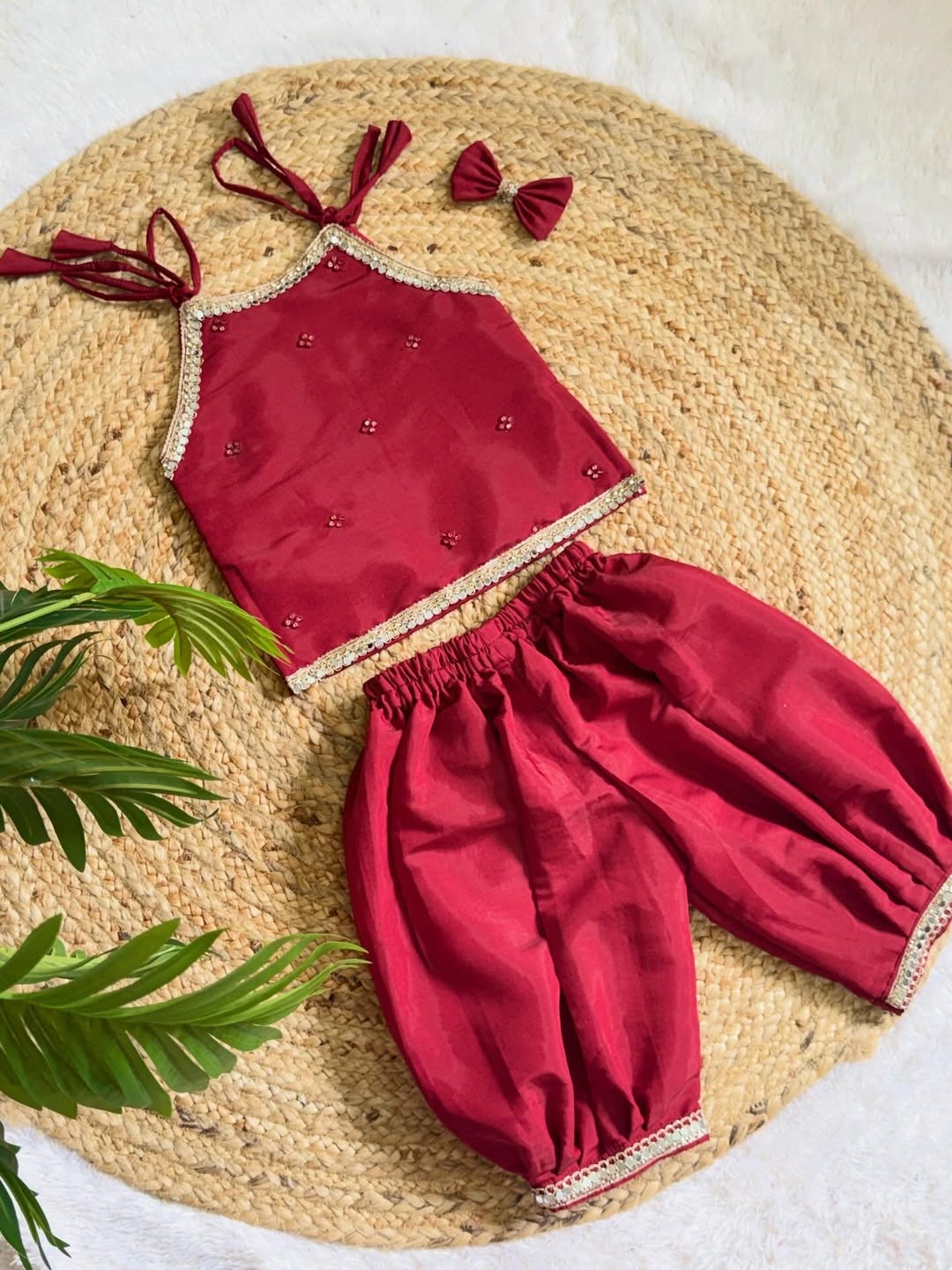 Naira Deep Red Embroidered Halter Top & Dhoti Set