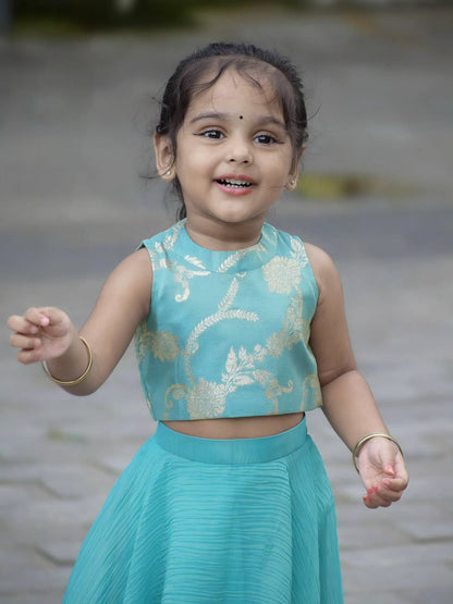 Royal Mint Gold Printed Kids Lehenga Set