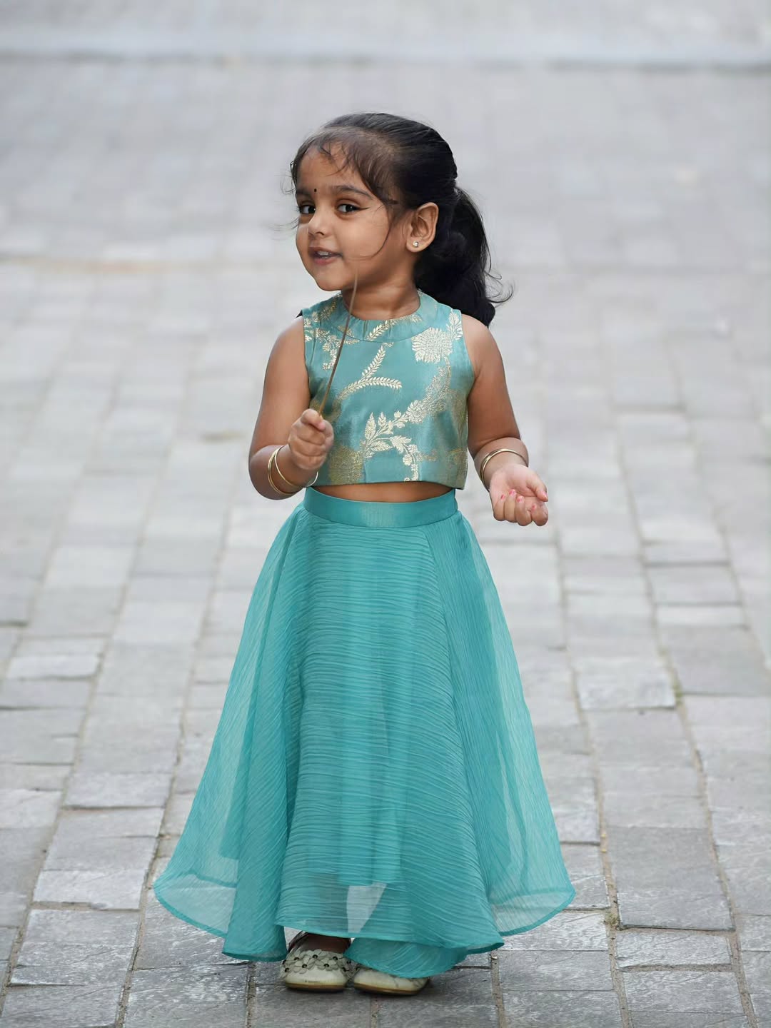 Royal Mint Gold Printed Kids Lehenga Set