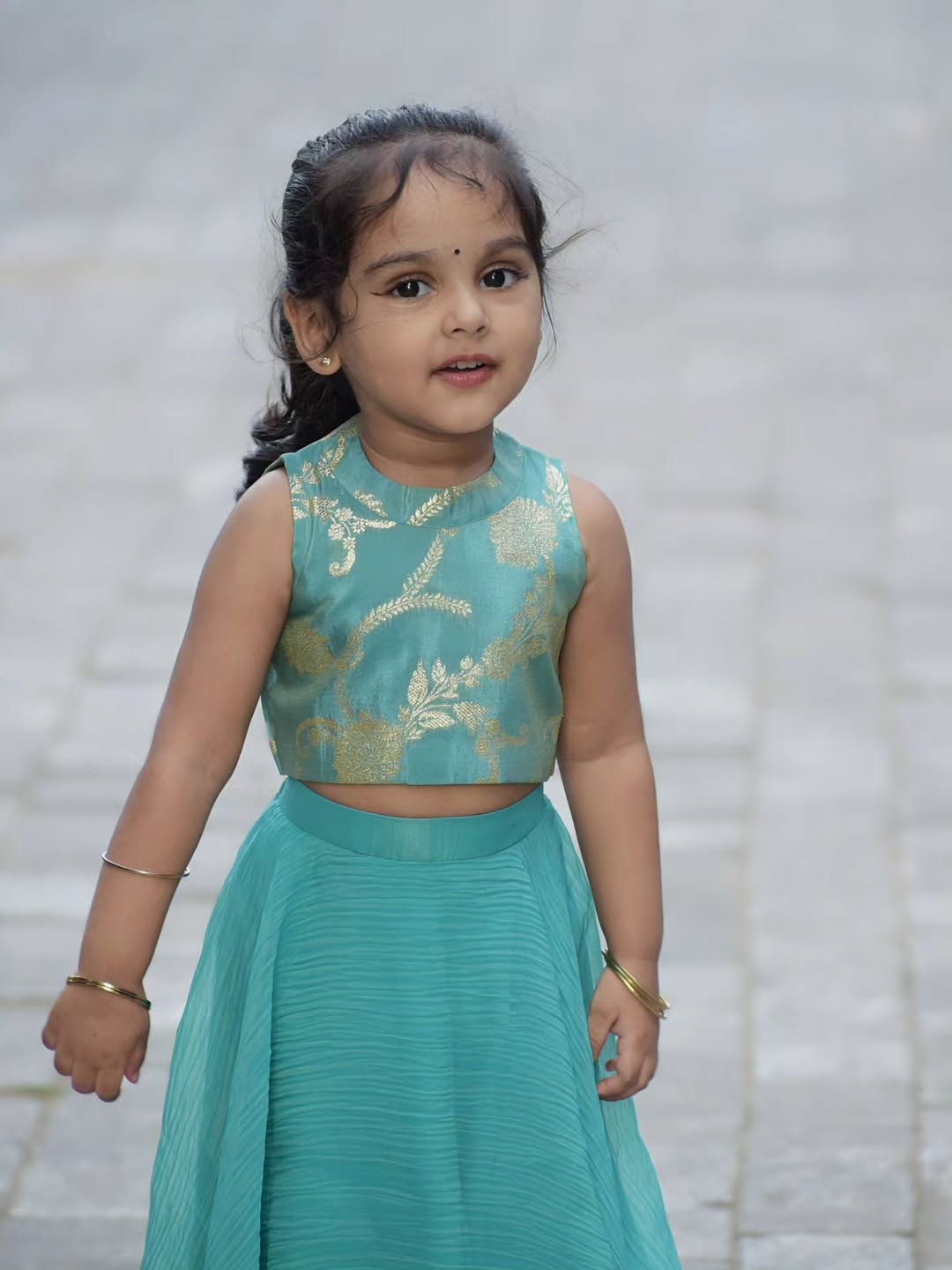 Royal Mint Gold Printed Kids Lehenga Set