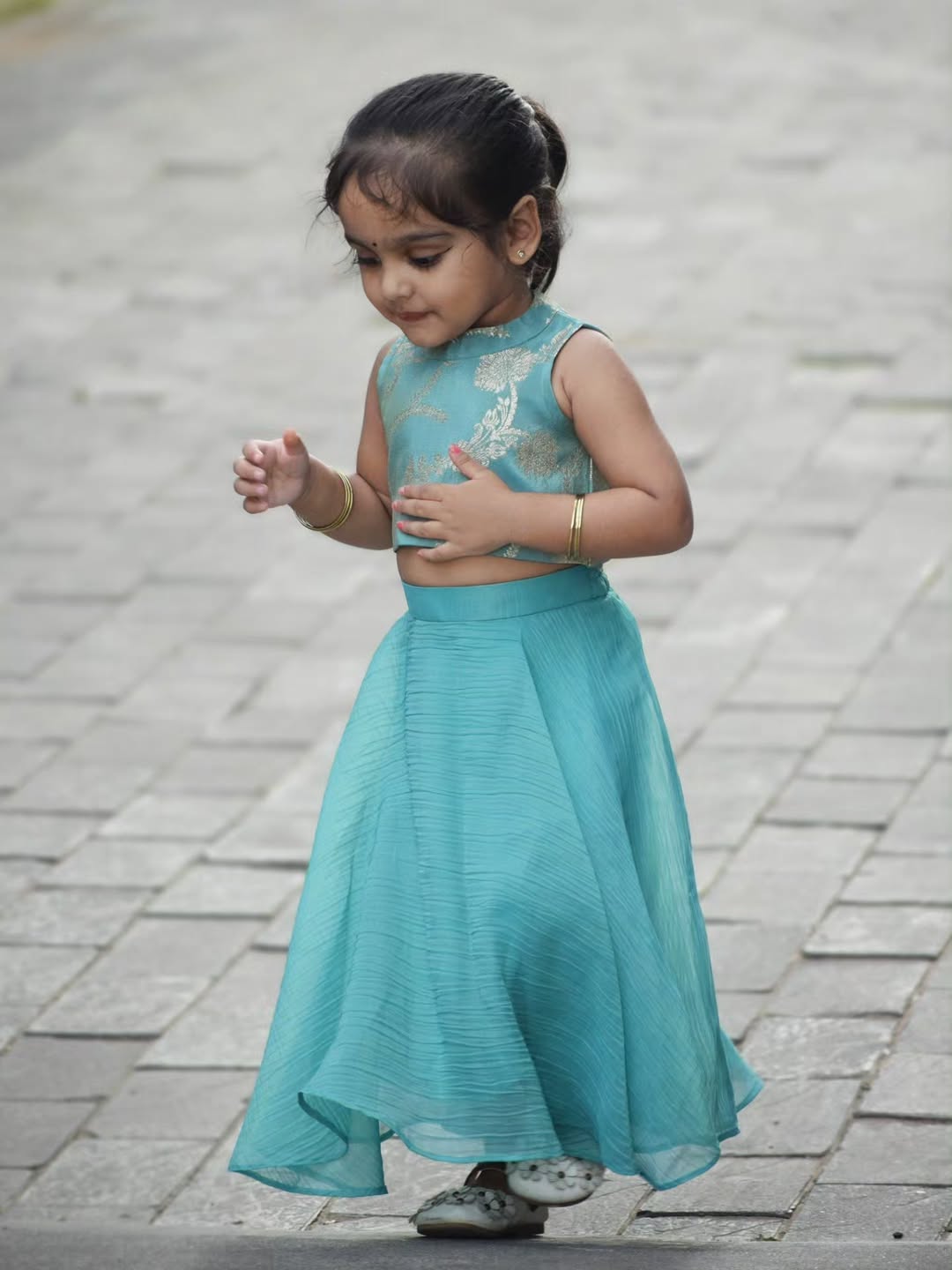 Royal Mint Gold Printed Kids Lehenga Set