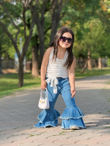 Denim Wave Ruffle Top Pant Set