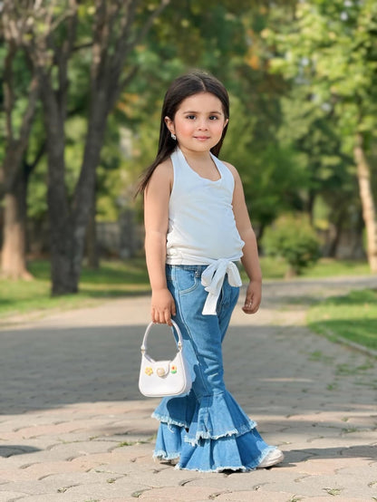 Denim Wave Ruffle Top Pant Set