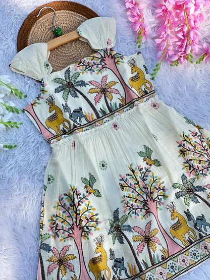 Brownish Hiran Embroidery Work on Khadi Cotton Fabric Kids Frock