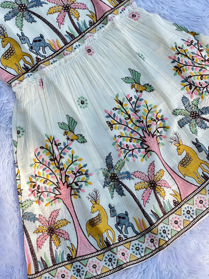 Brownish Hiran Embroidery Work on Khadi Cotton Fabric Kids Frock