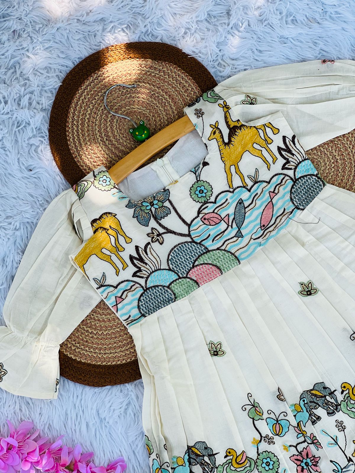 Fuchsic Heavy Embroidery Work On Khadi Cotton Fabric Kids Frock