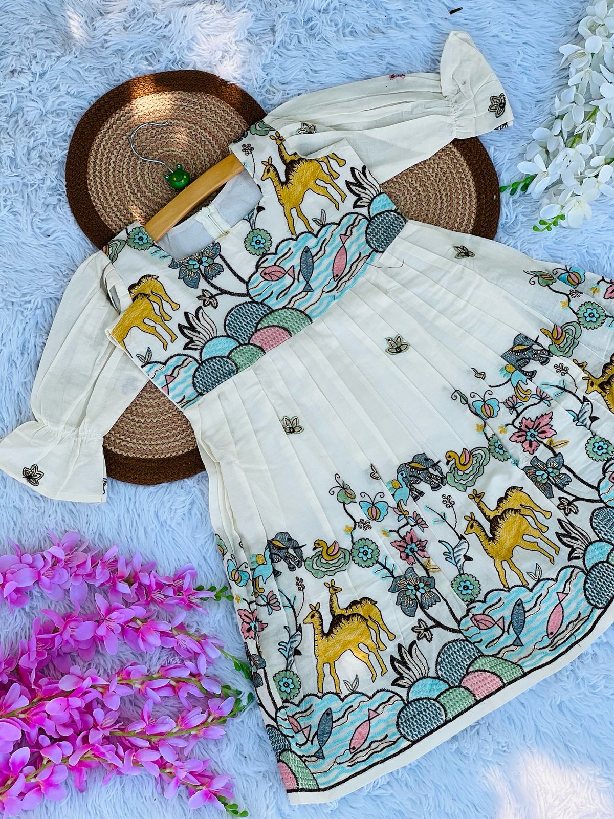 Fuchsic Heavy Embroidery Work On Khadi Cotton Fabric Kids Frock