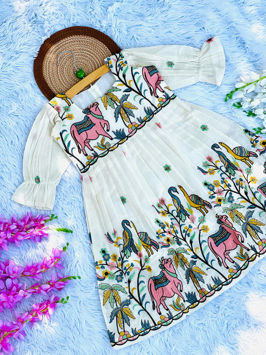 Exquisite  Embroidery Work Pure Khadi Cotton Kids Sleeve Frock