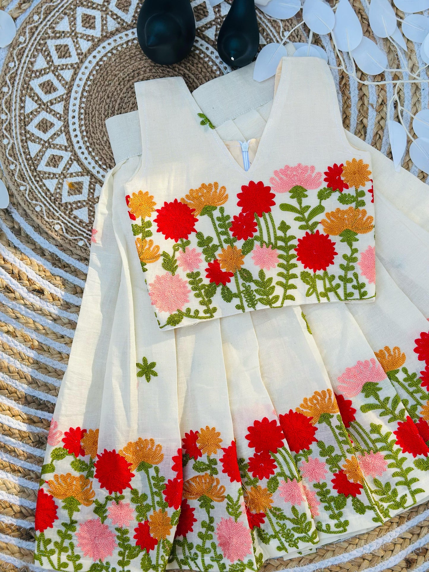 Premium Cotton Silk Flower work Lhengha with Top for kids