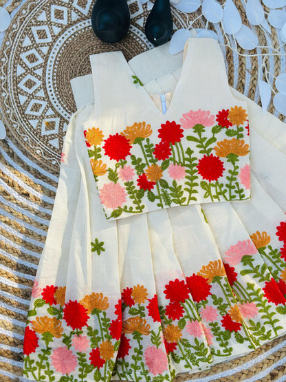 Premium Cotton Silk Flower work Lhengha with Top for kids