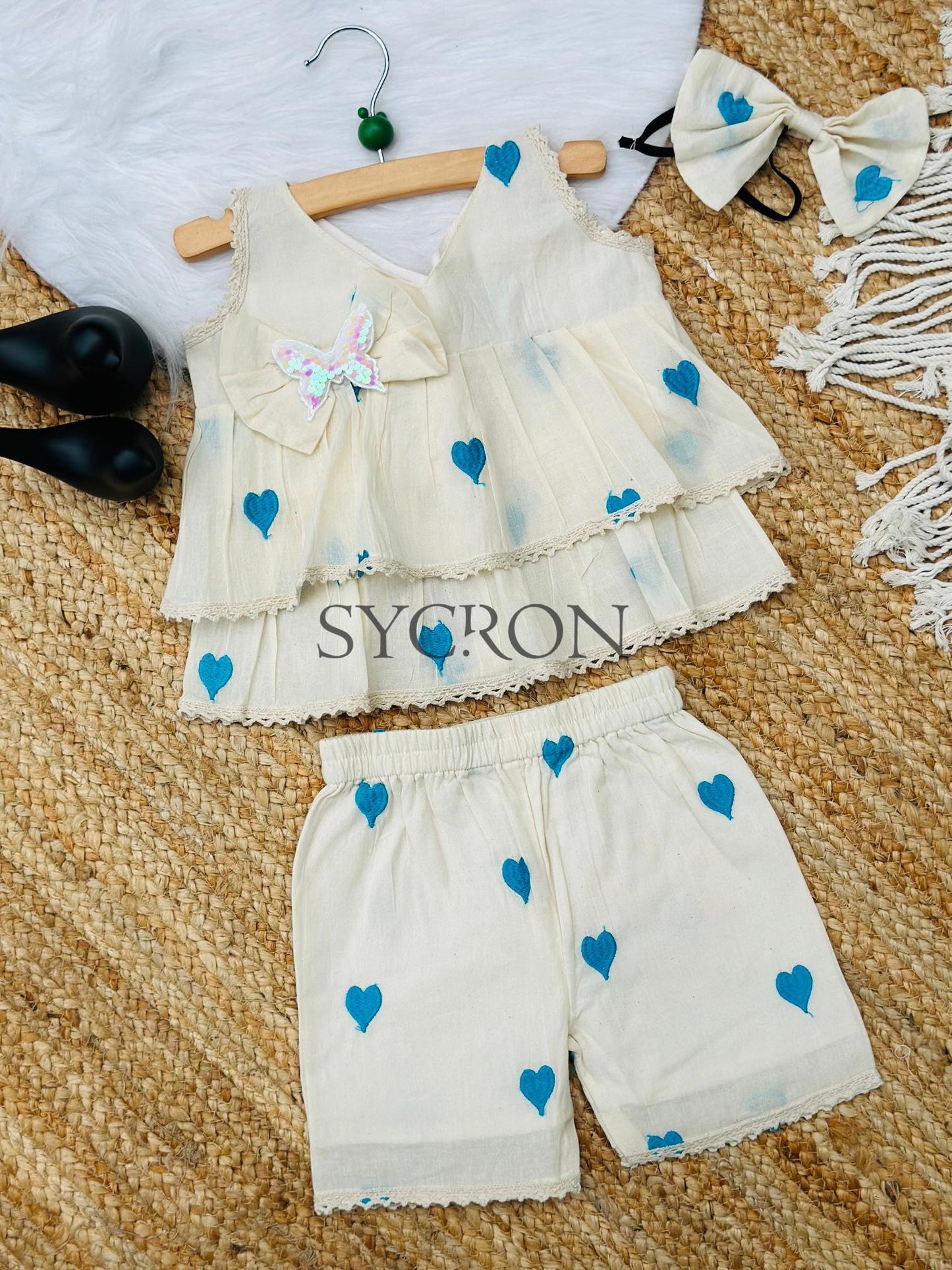 Adorable Premium Cotton Heart Embroidered Kids Cord Set