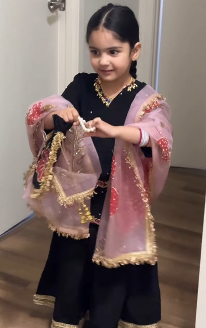 Black & Pink Embroidered Sharara Set for Girls