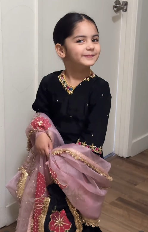 Black & Pink Embroidered Sharara Set for Girls